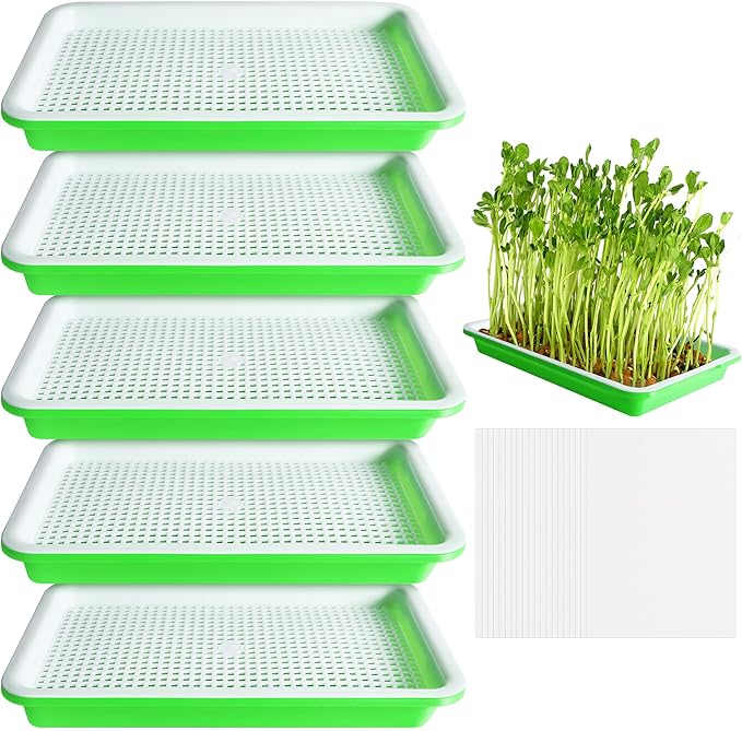 EBaokuup 5 Pcs Seed Sprouter Tray with Drain Holes - BPA Free Seed Germination Propagation Trays, Soil-Free Wheatgrass Bean Sprouts Microgreens Growing Kit with Germinating Paper
