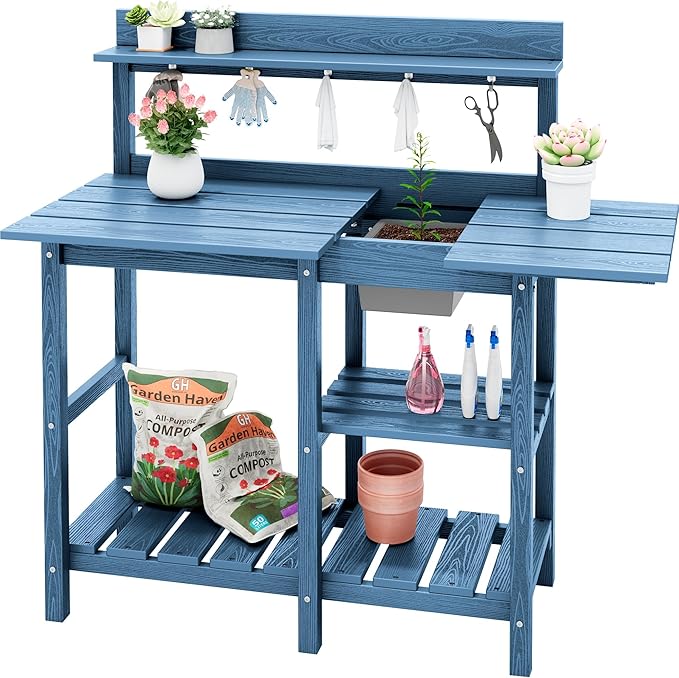 SERWALL Outdoor Potting Bench with Removeable Sink,Rot-Resistant HDPE Potting Table for Outside Gardening, All Weather Use - Blue