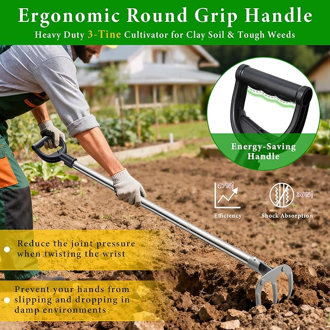 Garden Hand Cultivator Rake: 50inch Long Handle Hoe Garden Tool with Ergonomic D Grip, Heavy Duty Iron 3-Tine Tiller Rakes for Gardening,Cultivating, Planting, Digging, Weeding