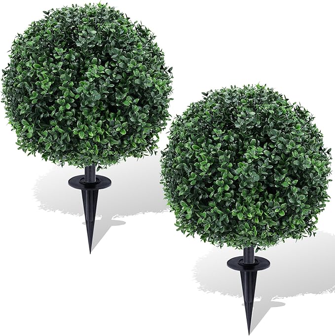 Artificial Topiary Ball Tree Outdoor Plants with Ground Spike 22"- UV Resistant Faux Shrubs, Eucalyptus Fake Plants for Indoor & Garden, Yard, Porch, Patio Decor (Green Boxwood)