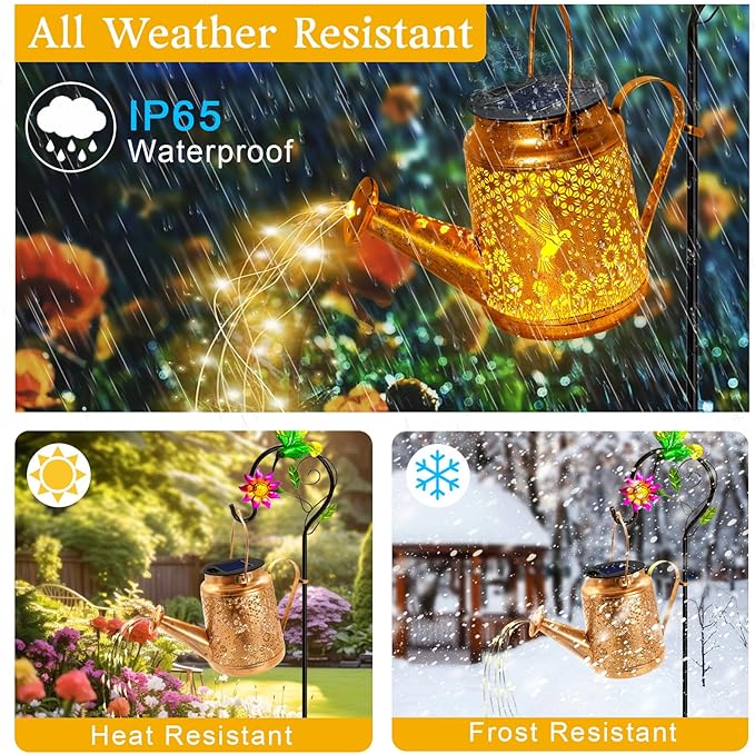 Hummingbird Solar Lights Outdoor Waterproof, Birthday Gifts for Christmas Mom Grandma Women, Solar Watering Can Lights with Shepherd Hook, Metal Hanging Lantern Garden Decor Yard Outside Patio Lawn