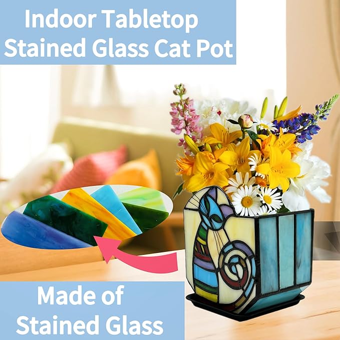Stained Glass Cat Unique Plant Pot, Indoor Planter with Drainage and Tray,Succulent Plants Flower Pot,Cat Lover Gifts,4.6x3x5.15 in