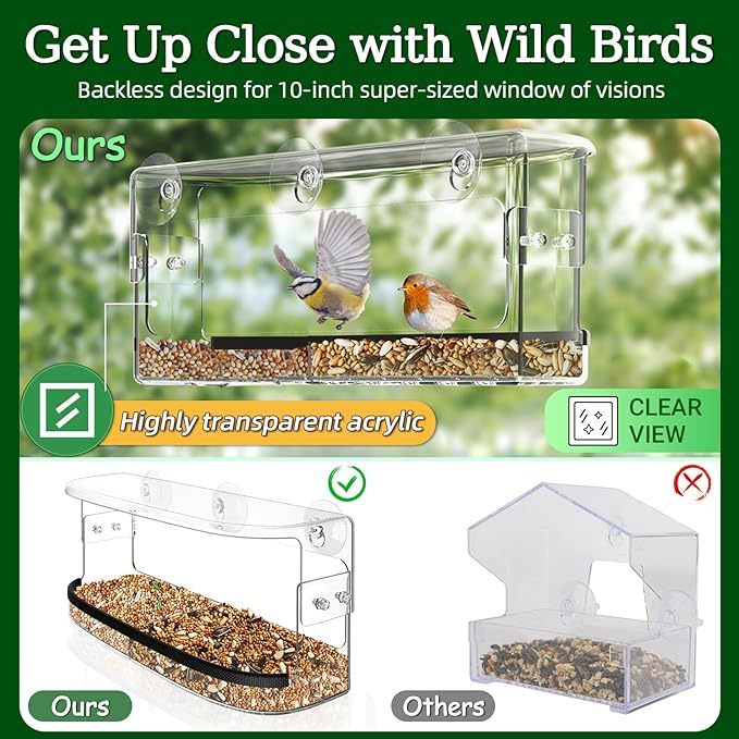Ermete Window Bird Feeder with Strong Suction Cups, Large View Clear Feeder, Seed Tray, 13in x 5.5in x 4.2in for Outside Weather Proof (Style 1)