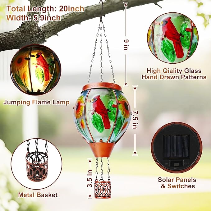 Solar Hot Air Balloon Lantern with Flame， Cardinal Glass Solar Hanging Lights Outdoor Yard Patio Farmhouse Decoration, Cardinal Gifts for Women Grandma Mom - Cardinal