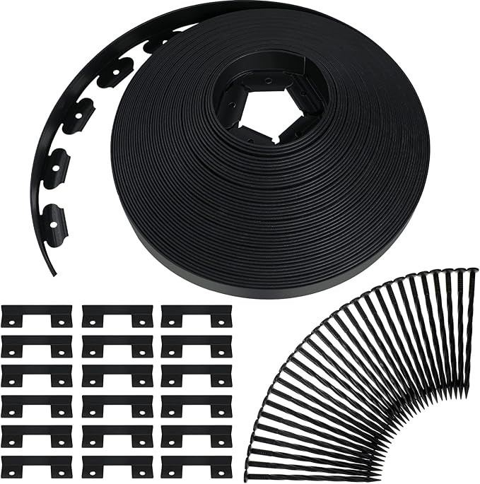 Queekay Landscape Edging Kit 148 ft with 70 Spikes 20 Connectors Plastic Border for Garden, Lawn, Yard, Pathway(Black,2 Inch)