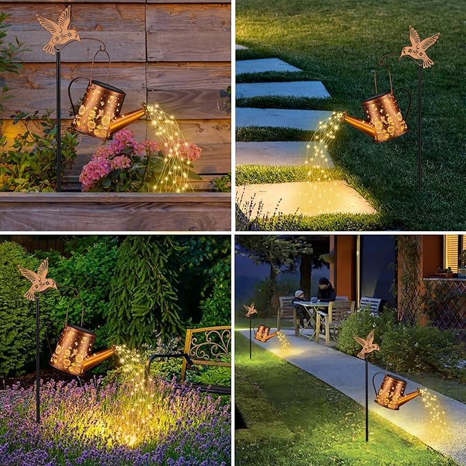 Outdoor Hanging Solar Lantern Waterproof Set Outside Metal Sunflower & Butterfly watering can Landscape Lights for Garden Yard Patio Pathway Decor Birthday Gifts for Women Mom Grandma -With Floor Pole