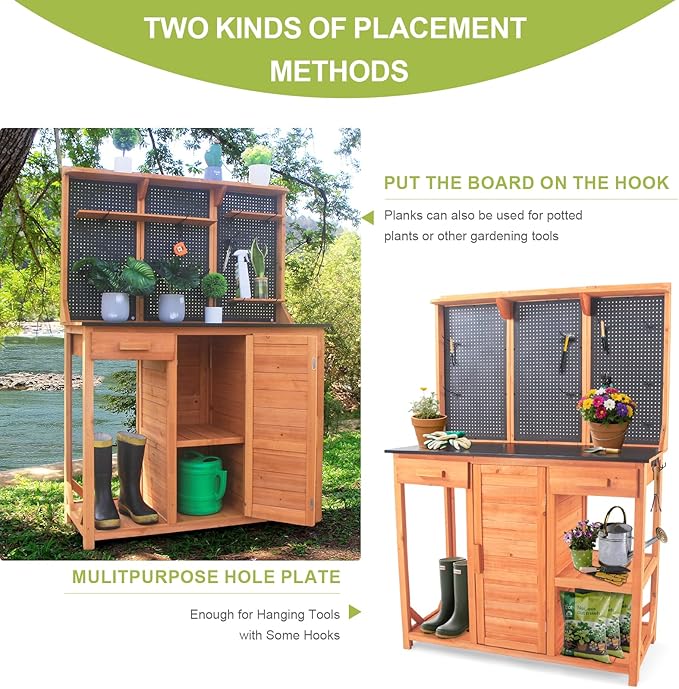 Outdoor Potting Bench,Wooden Potting Table with Metal Tabletop,Garden Work Bench with Drawer and Free Matching Storage Cabinet Shelf/Hooks for Backyard,Patio,Greenhouse (Black, 44 * 20 * 63in)