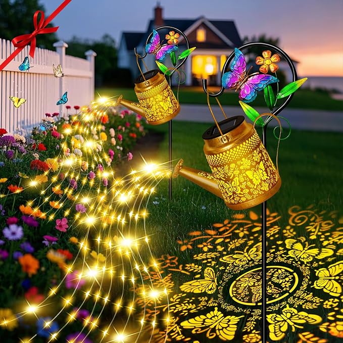 Christmas Gifts Butterfly Solar Watering Can Lights, Outdoor Waterproof Garden Lanterns with Shepherd Hook, Solar Garden Decor for Yard Outdoor Landscape Pathway, Gift for Women Mom Grandma, 2 Pack