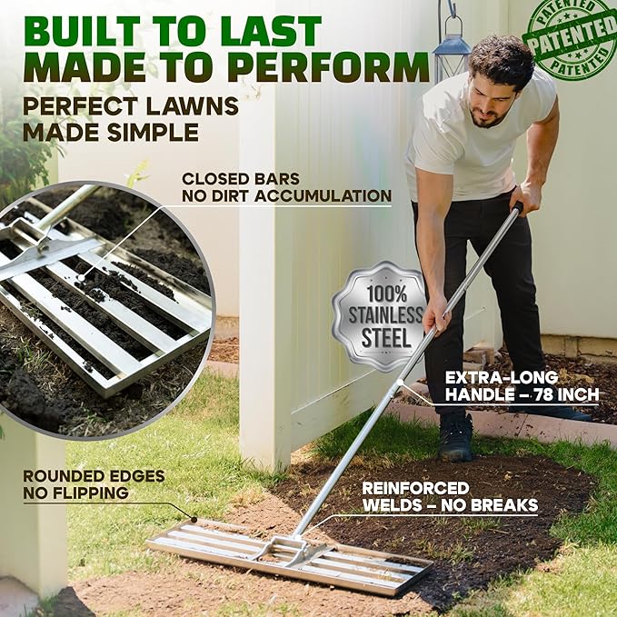 Oris Garden® Lawn Leveling Rake 30 inch - Ground Leveler for yard, sand, soil, grass - Dirt leveling tool, heavy duty stainless steel rakes for golf, grading, gravel, pool seeding, levelling (30 inch)