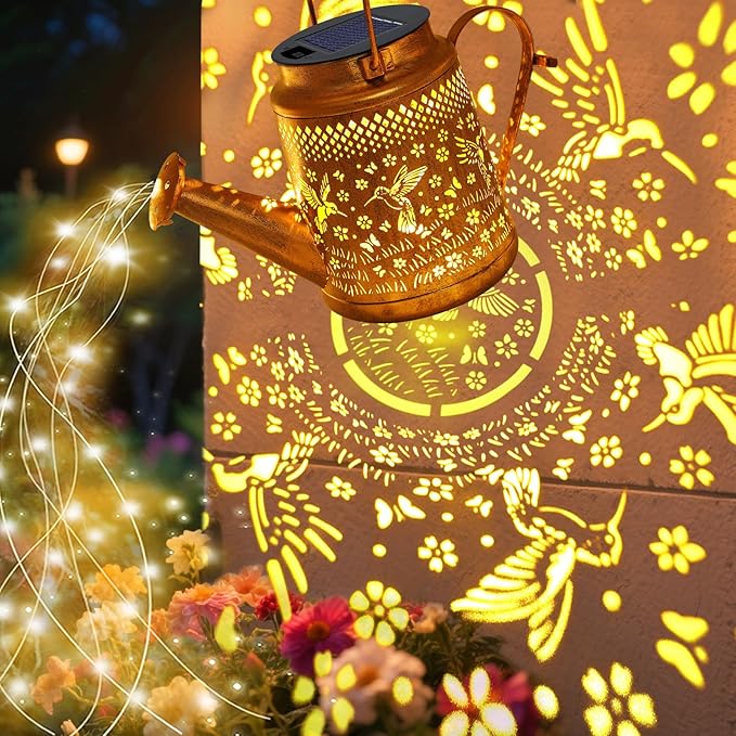 VOOKRY 2 Pack Hummingbird Metal Solar Watering Can Lights, Solar Lights Outdoor Waterproof, Birthday Gifts for Women Mom Grandma Christmas, Hanging Lanterns Garden Decor for Outside Yard Patio Lawn