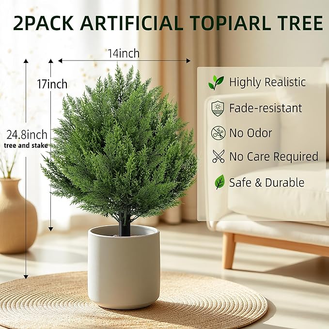 QCQHDU Artificial Cypress Topiary Ball Bush for Outdoor,24.8" Fake Trees Evergreen Plants with Ground Spike,UV Resistant Faux Cedar Shrubs for Indoor,Garden,Yard,Porch,Patio,Office,Home Decor,2 Pack
