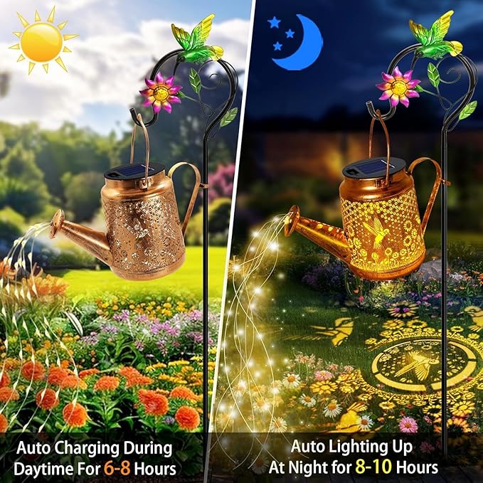 Solar Lanterns Outdoor, Hummingbird Sunflower Watering Can Lights, Waterproof Hanging Lanterns, Solar Path Lights, Outside Decoration Gardening Birthday Gifts for Mom Grandma Women with Shepherd Hook