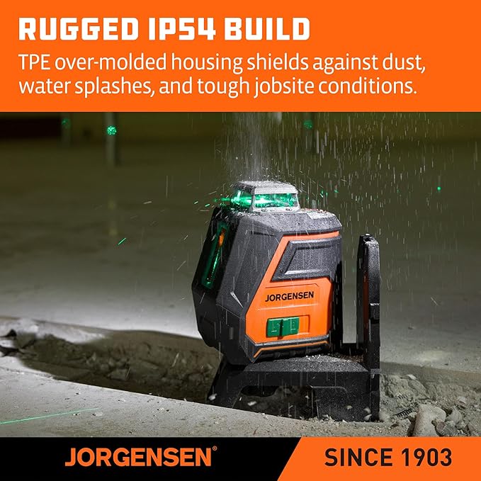 JORGENSEN 360° Laser Level with Tripod, 100 FT Rechargeable Self Leveling Cross Line Laser Leveler Tool with Magnetic Base, Wide Angle Green Laser Level for Picture Hanging, Floor Tile, Construction