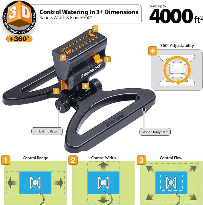 Eden 95124 Adjustable 4-Way Mini Turbo Oscillating Sprinkler W/Quick Connect Starter Set, Covers up to 4,069 sq. ft. Heavy Weight Base & Melnor 65131AMZ Mini Oscillator Sprinkler Bundle, Black, Yellow