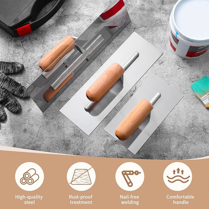 Lasnten 3 Piece Drywall Trowel, Stainless Steel Finishing Masonry Trowel Set Includes 14" x 4", 12" x 4", 8" x 3", Lightweight Wooden Handle, for Pool Concrete Cement Plastering Tool(Square Head)