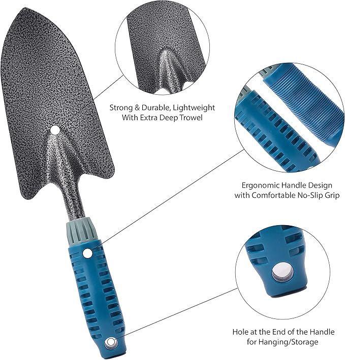 4 Piece Garden Tool Set Heavy Duty, Gardening Hand Tools Work No-Slip Grip Trowel Transplanter Weeder Hand Rake, Ergonomic Handle Indoor Outdoor