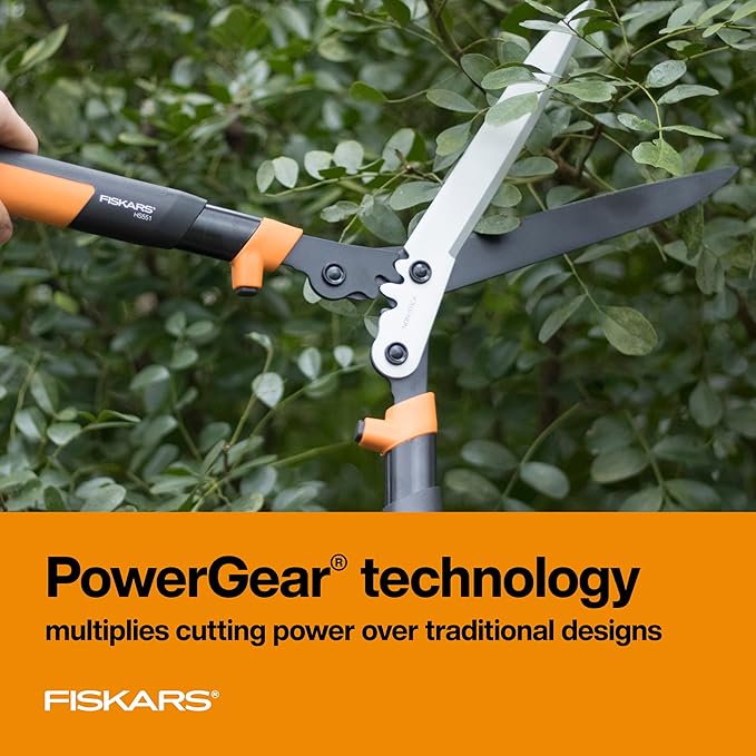 Fiskars 23-Inch Hedge Shears, Bush Trimmer with PowerGear2 Technology that Multiplies Power for Less Effort, SoftGrip Handles with Shock-Absorbing Bumpers