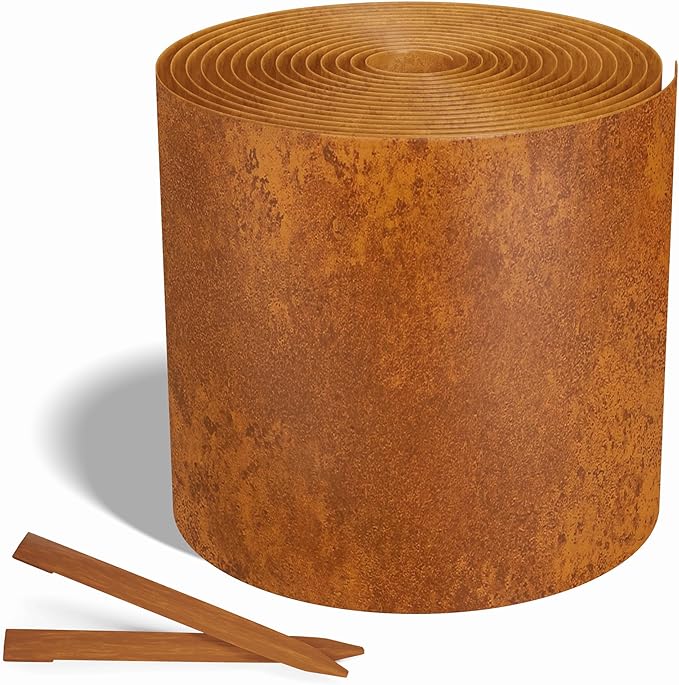 Worth Galvanized Steel Landscape Edging 10" x25' Metal Garden Edging Roll Flexible Bender Border with 8Pcs Stakes for Lawn, Flower Bed Edges, Rust-Colored Painted