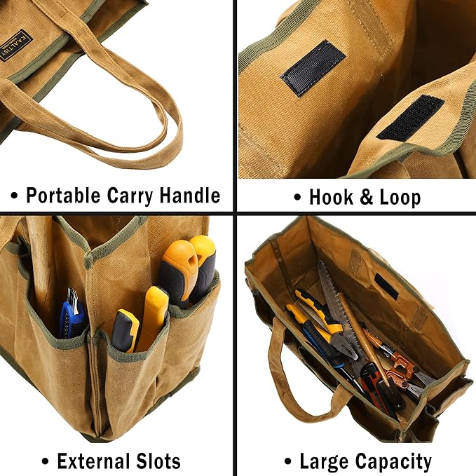 16OZ Waxed Canvas Tool Tote Bag | Large-Capacity Tool Storage Tote with 10 External Pockets | Multi-Purpose Garden Tool Carrier for Gardening, Wrench, and Carpentry Tools – Khaki