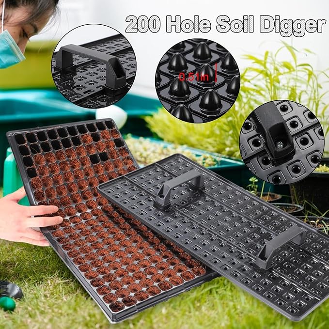 (20-Pack)200-Cell Seed Starter Trays with Dibber, 10 Pack Nursery Starting with Base Tray, 200 Hole Soil Digger for Setting Out Quickly, Seedling Planting Tray, Germination Kit Trays Reusable