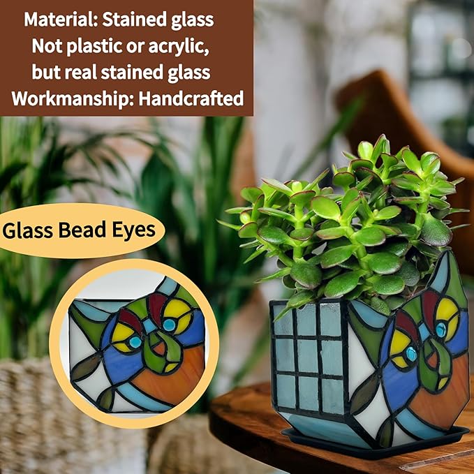 Tiffany Style Cute Cat Flower Pot with Drainage, Unique Stained Glass Indoor Plant Planter, Tiltable Cat Decor, Plant Lover Gifts for Women 4.6x3x5.15 in