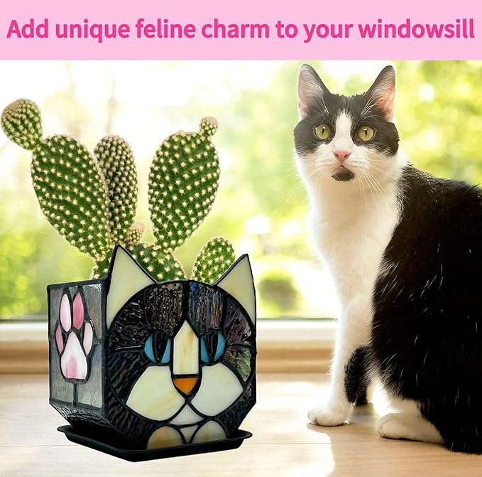 Stained Glass Black Cat Flower Pot,Succulent Pots with Drainage,Unique Black Cat Planter,Flower Pots for Indoor Plants,Glass Container Display Decoration,Cute Plant Gifts