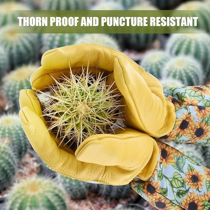 Long Gardening Gloves for Women Thorn Proof,Rose Pruning Cowhide Leather Garden Gloves for Cactus, Rose and Blackberry