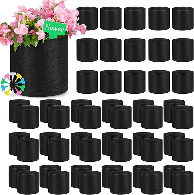 Nuanchu 50 Packs Grow Bags Small Aeration Fabric Pots Nonwoven Garden Bags Grow Pots Planter with 50 Pcs Plant Labels for Indoor Outdoor Plant Flower Planting Vegetable Growing (1 Gallon)