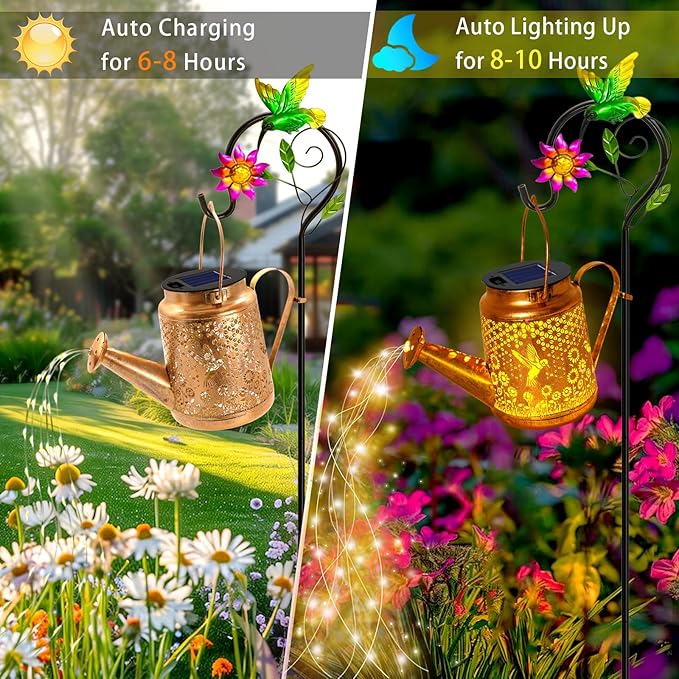 Hummingbird Solar Lights Outdoor Waterproof, Birthday Gifts for Christmas Mom Grandma Women, Solar Watering Can Lights with Shepherd Hook, Metal Hanging Lantern Garden Decor Yard Outside Patio Lawn