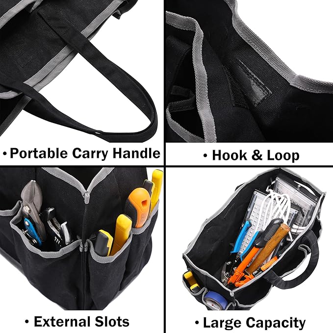 Canvas Tool Tote Bag, Heavy Duty 16oz Waxed Canvas Tool Storage Pouch with 1 Large Compartment & 10 Small Pockets | Multi-Purpose Garden Tool Bag for Horticulturists Mechanics Craftsmen – Black