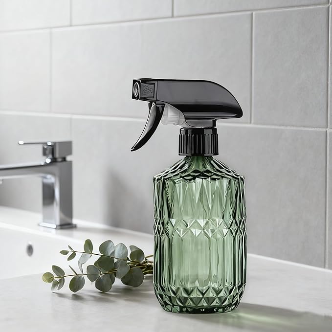 Glass Handheld Spray Bottle, 15oz Refillable Water Bottle Spray, Reusable Adjustable Nozzle Plant Mister Spray Bottles Indoor, Plant Mister for Hair, Cleaning, Gardening, Pets Care (Green)