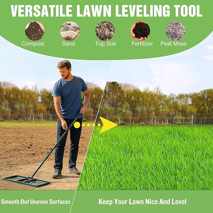 Yesker Lawn Leveling Rake 30 Inch for Soil Yard Leveling Rake with 30"x10" Ground Plate 72" Steel Handle Effort-Saving Heavy Duty Ground Leveler Tool for Backyard Garden Farm Golf Course Landscaping