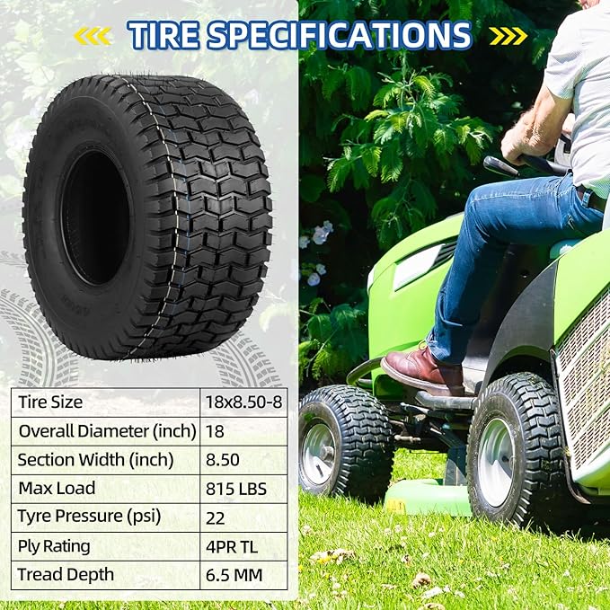 (2 Pack) 18x8.50-8 Lawn Mower Tubeless Tire,18x8.5-8 for Tractor Riding Lawnmowers, 4 Ply, Turf-V Pattern