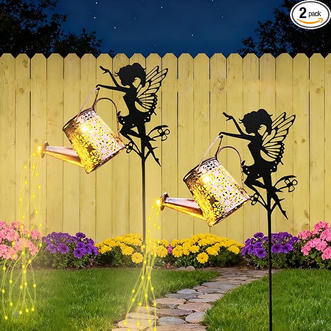 2Pack Solar Watering Can Lights,Waterproof Hollowed-Out Retro Metal Outdoor Lights with Fairy or Gnomes Accessories,Gifts for Mom Grandma Women Garden Patio Pathway Christmas Decor(Angel 1 style)