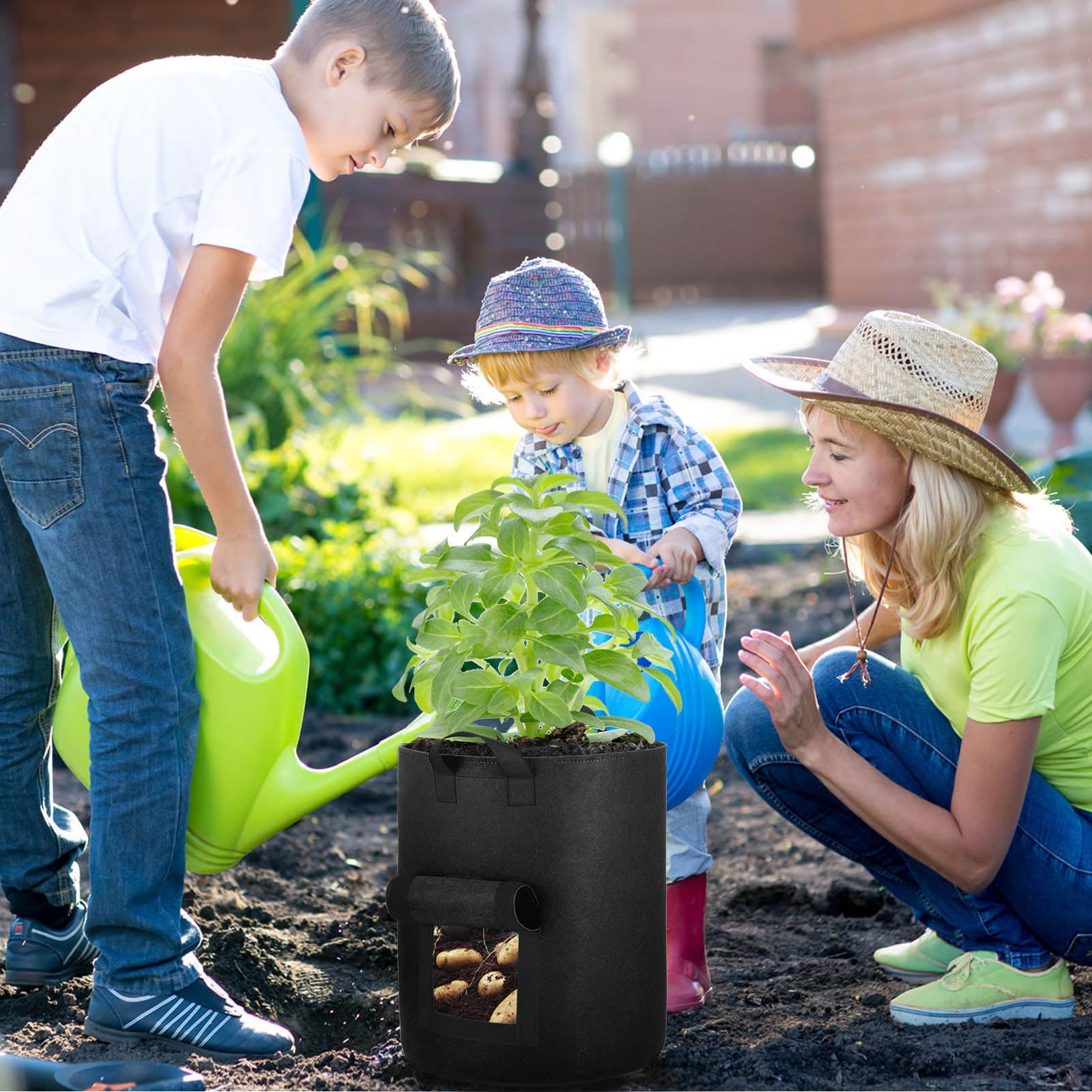 OPPOLIFE 4-Pack 10 Gallon Potato Grow Bags with Flap Window, Heavy Duty Aeration Fabric Pots with Handles for Garden and Planting(Black)