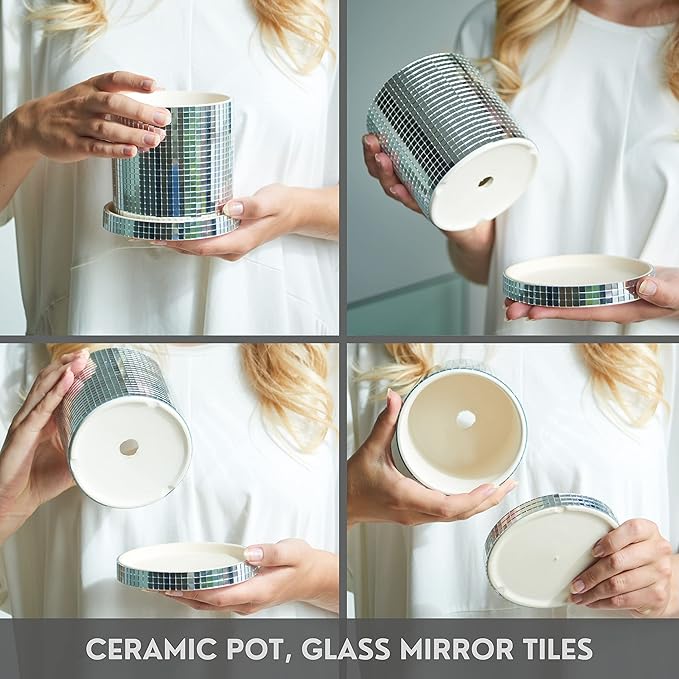 SCANDINORDICA Disco Ball Planter Pot - 4.3 inch Mirror Disco Ball Vase, Disco Planter, Ceramic Planter Pots Indoor with Drainage Hole and Saucer, Cute Desk Decor for Women | 0.2" Mirror Tiles