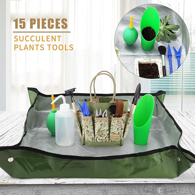 G GOOD GAIN Garden Succulent Kit with Organizer Bag, 15 Pieces Succulent Tools, Indoor Mini Hand Gardening Tools Set with Carrier for Bonsai Planter Miniature Fairy Planting Care(Honeysuckle)
