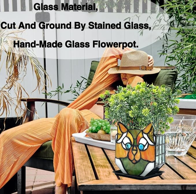 Cat Flower Pots for Indoor Plants,Stained Glass Plant Displays,Cat Succulent Planter,Candle Holder Container Decoration,4.6x5.15x2.3 in (Without Succulents)