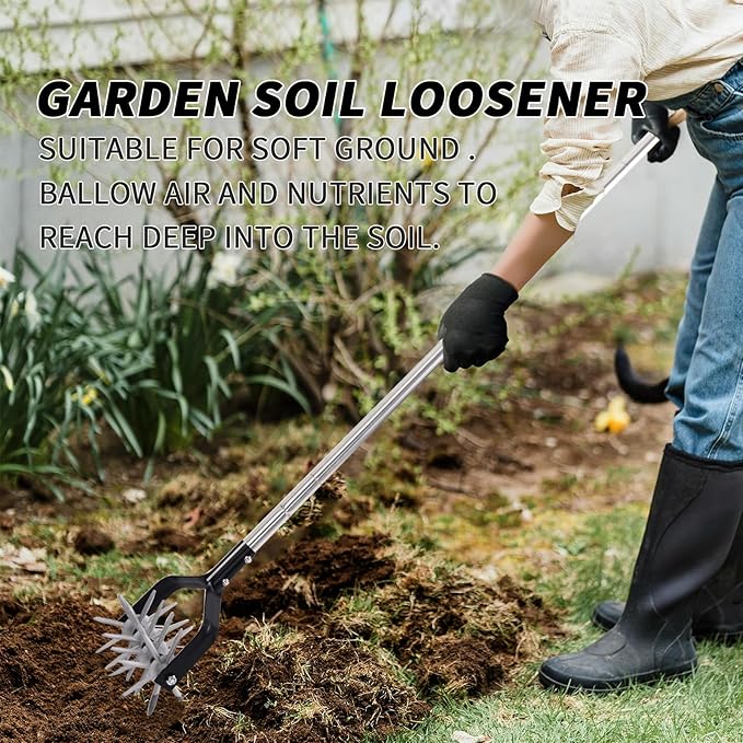 Rotary Garden Tool, Adjustable Hand Tiller, Long Handle Cultivator for Aerating, Weeding, Planting and Mixing Soil or Reseeding Grass
