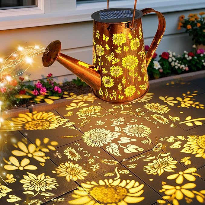 VOOKRY Solar Lights Outdoor Decoration, Large Hanging Metal Solar Watering Can Lights Waterproof Sunflower Garden Decor Outside for Yard Lawn Patio, Gifts for Women Mom Grandma Birthday Christmas