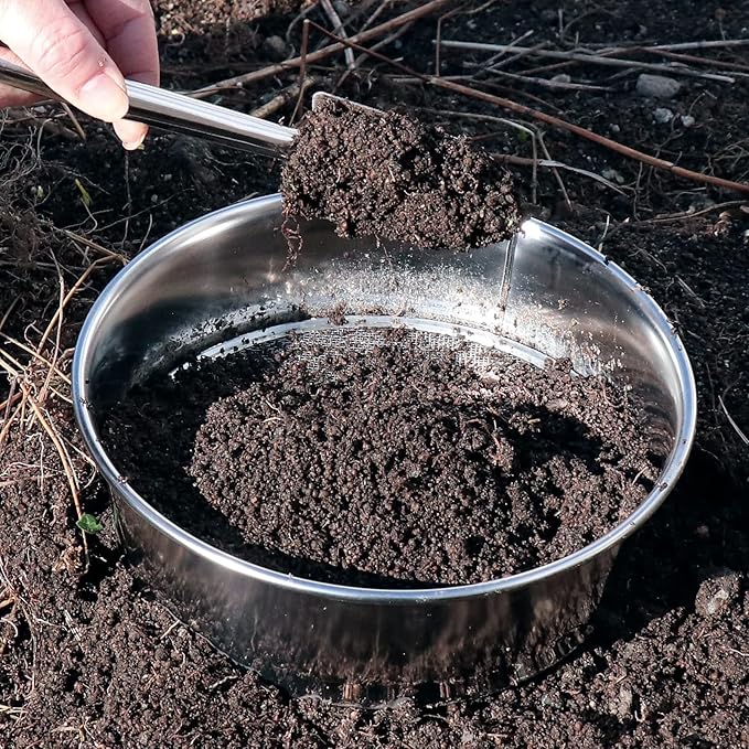 Wazakura Stainless Steel Soil Potting Set with 3PCS Soil Sieve Set and Soil Scoop, 3 Interchangeable Sieve Mesh Filter Sizes, Bonsai Gardening Tool Kit - Sieve + Scoop