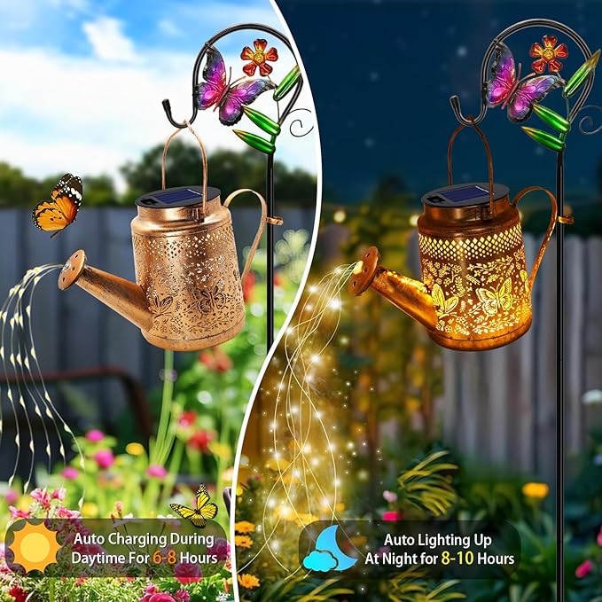2 Pack Solar Powered Butterfly Watering Can Lights Waterproof Outdoor Decor with Shepherd Hook Hanging Patio Lights for Yard, Garden, Backyard Perfect Gardening Birthday Gift for Women, Mom, Grandma