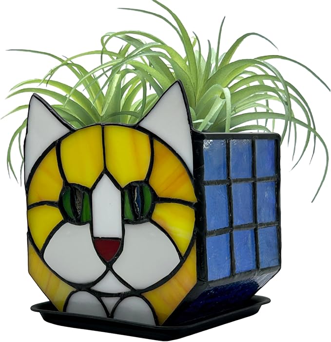 Stained Glass Cat Planter Pot with Drainage and Tray, Perfect for Succulents and Indoor Plants, Ideal Plant Gifts for Women and Orange Cat Lovers 4.6x5.15x3 in （Excluding Plants）