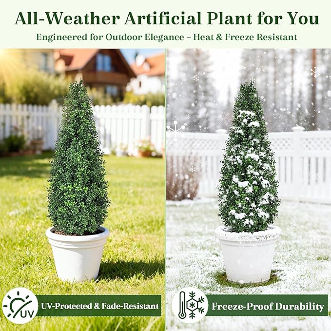 (Set of 2) 36" Artificial Boxwood Cone Topiary Trees - UV Resistant Faux Greenery Pyramid Shrubs for Outdoor Front Porch & Entryway Decor, 2-Section Easy Assembly Potted Plants for Garden & Patio