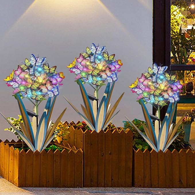 Homight Solar Metal Agave Butterfly Flower Stick Garden Sculpture - Outdoor Christmas Lights With Swaying Butterfly Sunflower - Solar Outdoor Gift (3 PCS Blue)