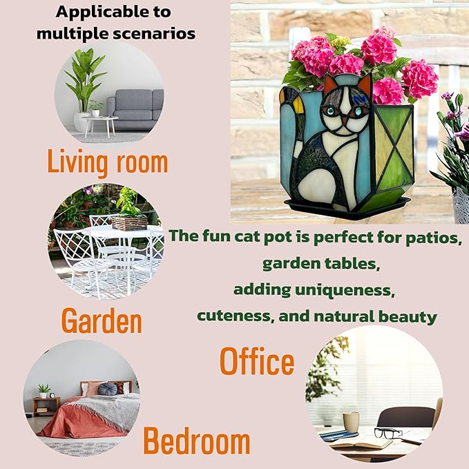Handmade Stained Glass Indoor Plant Pot,Flower Pots with Drainage Holes,Black Orange Cat Planter Pot, Cute Succulent Pots,Plant Lover Gifts for Women (with a Gift Box)