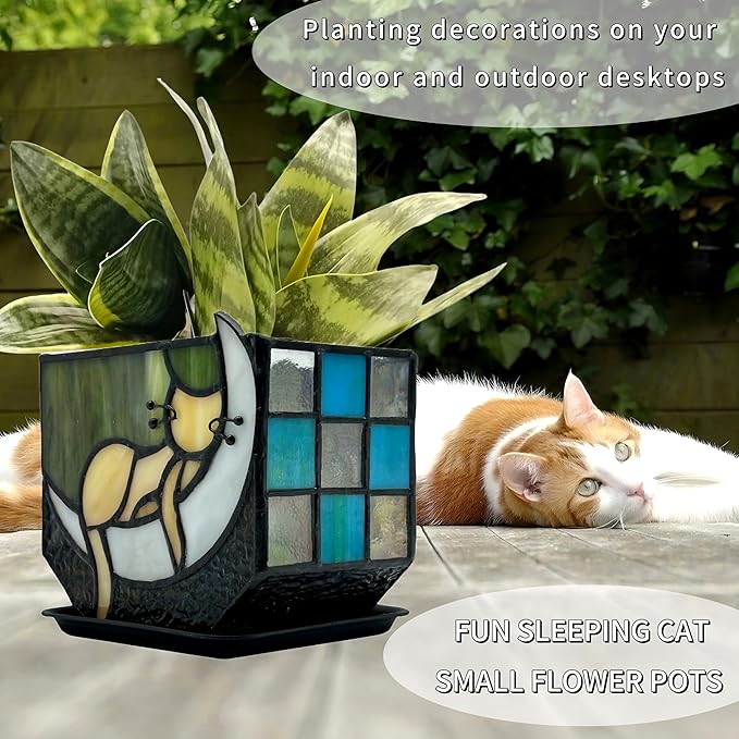 Tiffany Stained Glass Fun Moon Sleeping Cat Planter，Cactus Planter，Cute Planters for Indoor Plants,Decorative Flower Pots As Gifts for Cat Lovers，4.6x3x5.15 in