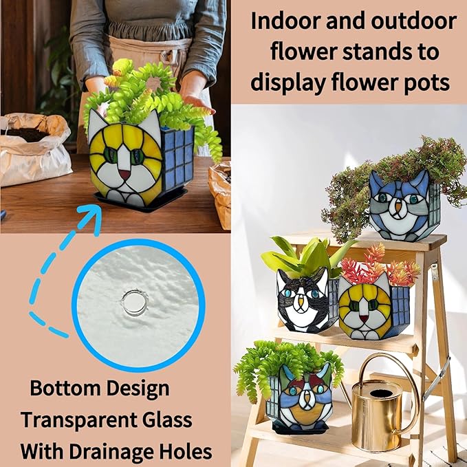 Stained Glass Cat Planter Pot with Drainage and Tray, Perfect for Succulents and Indoor Plants, Ideal Plant Gifts for Women and Orange Cat Lovers 4.6x5.15x3 in （Excluding Plants）