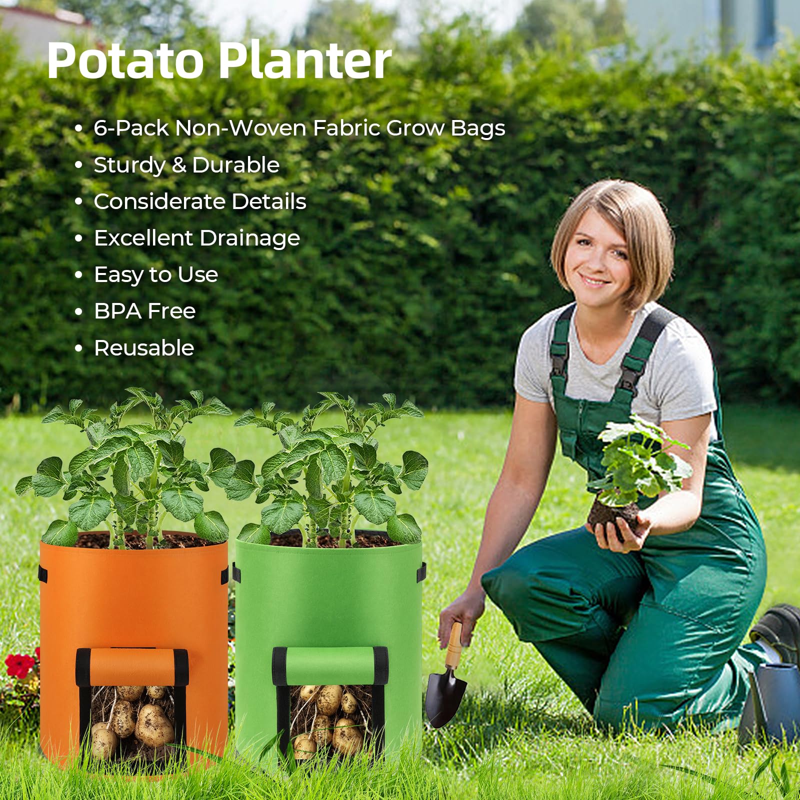 6 Pack Potato Grow Bags, 10 Gallon Planting Bags Large Fabric Pots with Flap Window Vegetable Planter Garden Pot Tall Potato Growing Containers with Handles for Vegetables, Fruits, Green + Orange