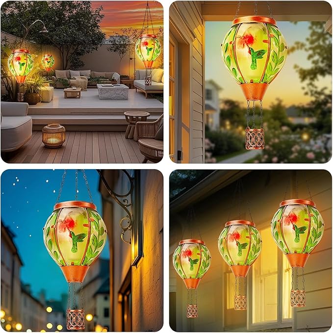 Solar Hot Air Balloon Lantern with Flame, Hummingbird Outdoor Solar Lanterns for Outside Garden Yard Farmhouse Patio Pathway Decoration, Hummingbird Gifts for Women Grandma Mom（2Pack